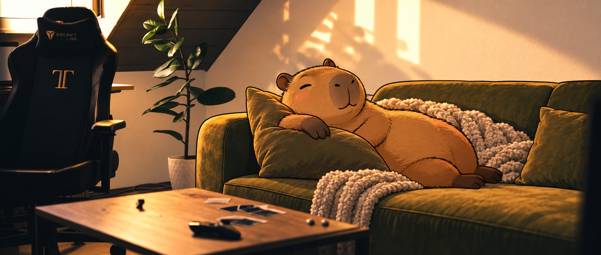 A smiling capybara relaxing on a green couch in a sunlit room.